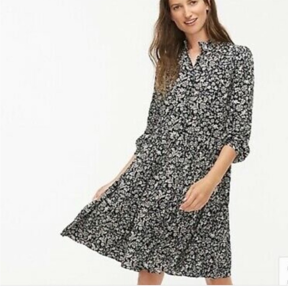 J Crew Mercantile Black White Floral Flowers Dress XXL sheer long sleeve knee XL